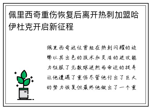 佩里西奇重伤恢复后离开热刺加盟哈伊杜克开启新征程